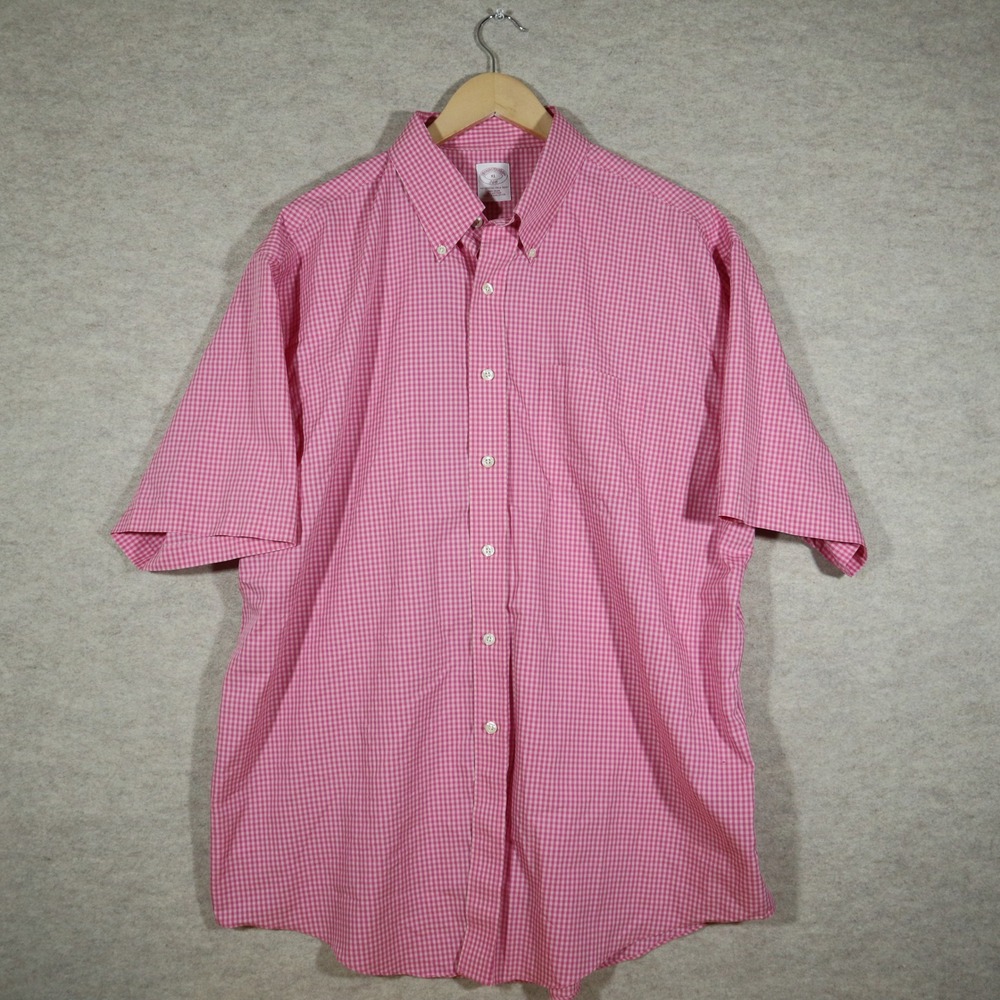 Brooks Brothers 346 Mens XL Pink Gingham Short Sleeve Button Down Cotton Shirt